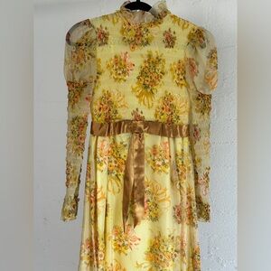 Vintage Yellow Floral Dress with Gold Ribbon